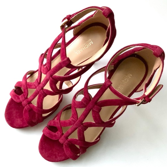 Michael Kors Sandra Silhouette Platforms Red Burgundy Suede Leather Sandals Heel - Picture 9 of 12
